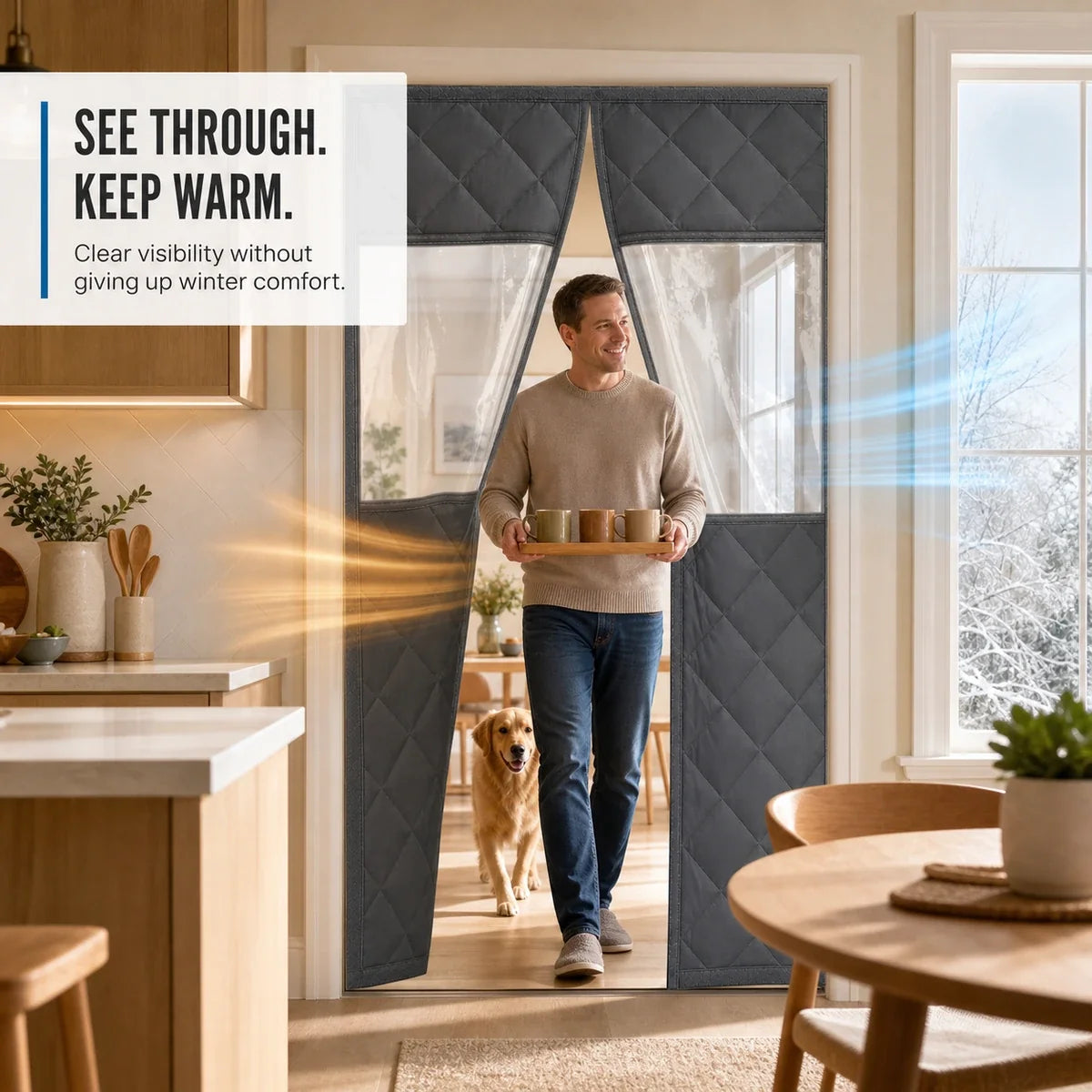 Clear-view insulated magnetic door curtain in a warm winter kitchen with a family and dog