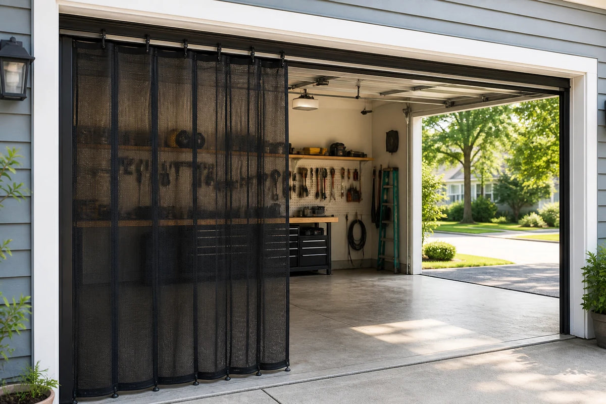 Sliding-track mesh garage screen gathered beside a wide residential garage opening