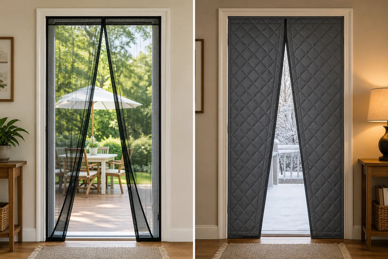Magnetic mesh screen door and insulated winter door curtain shown side by side
