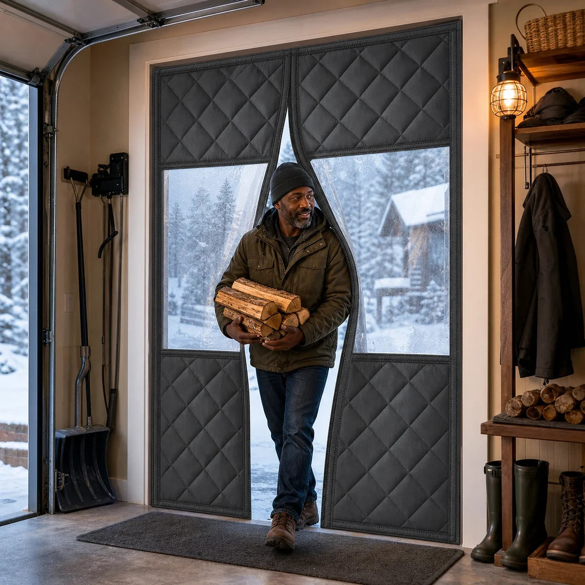Insulated magnetic door curtain installed at a snowy garage-to-home entry