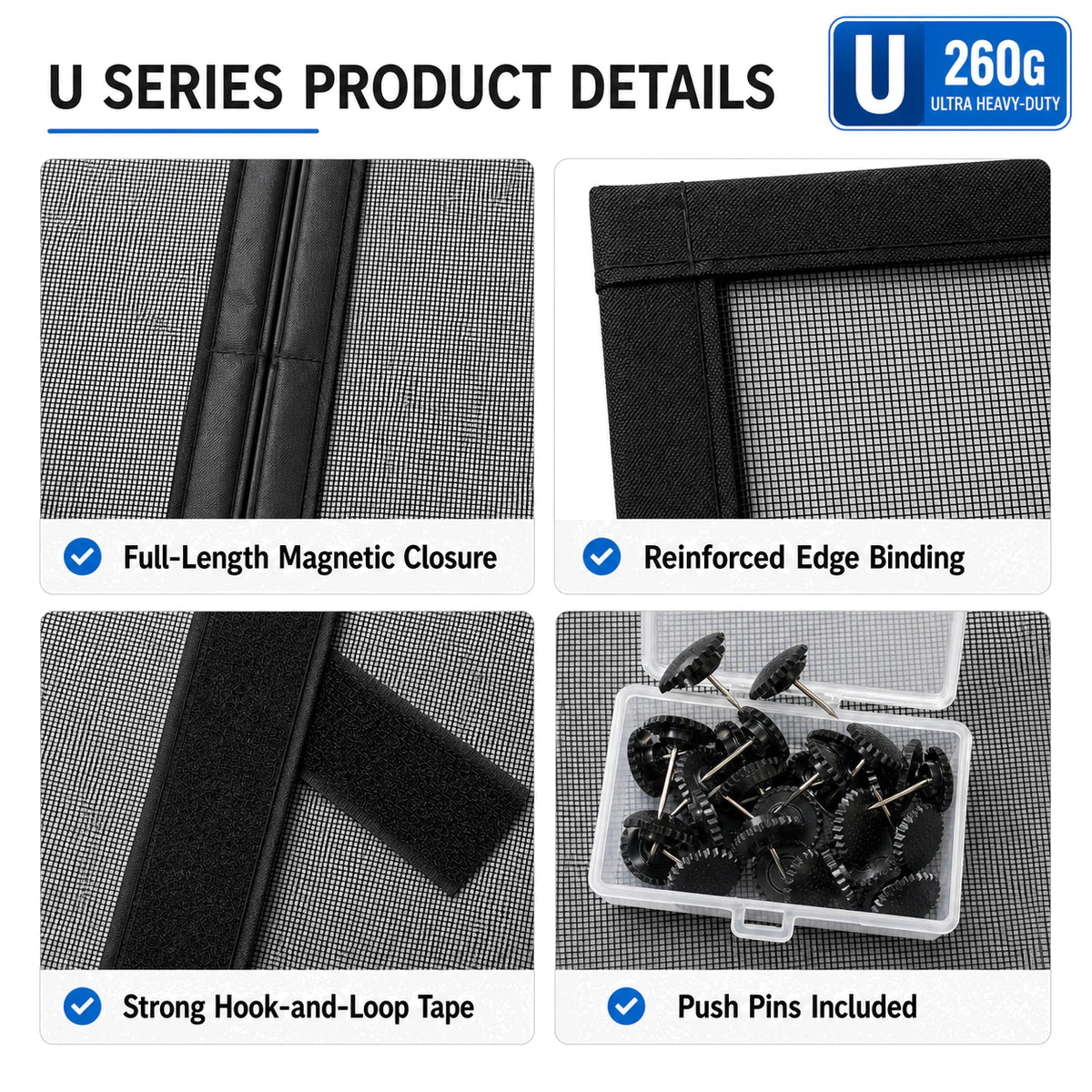 U Series 260G | 03 Amief Home Ultra Heavy-Duty Pet-Proof Screen Door – magnetic closure and installation details