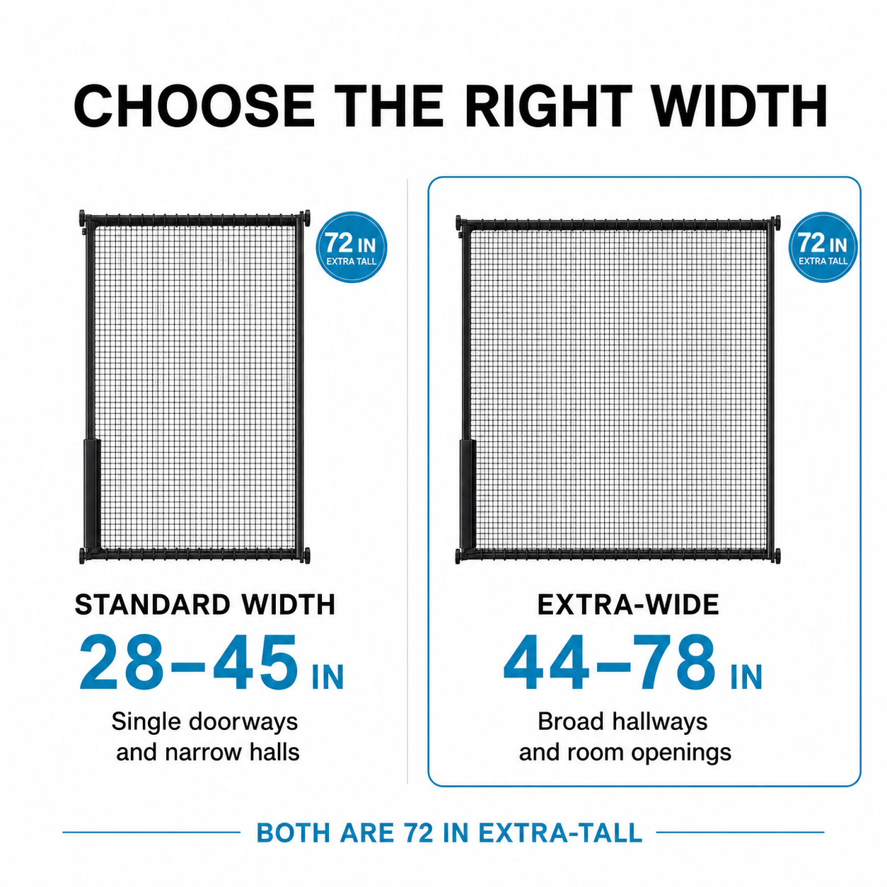 Standard 28 to 45 inch and extra-wide 44 to 78 inch cat gate sizing comparison