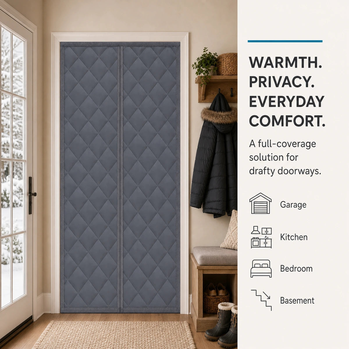 Gray insulated privacy door curtain for garage kitchen bedroom and basement