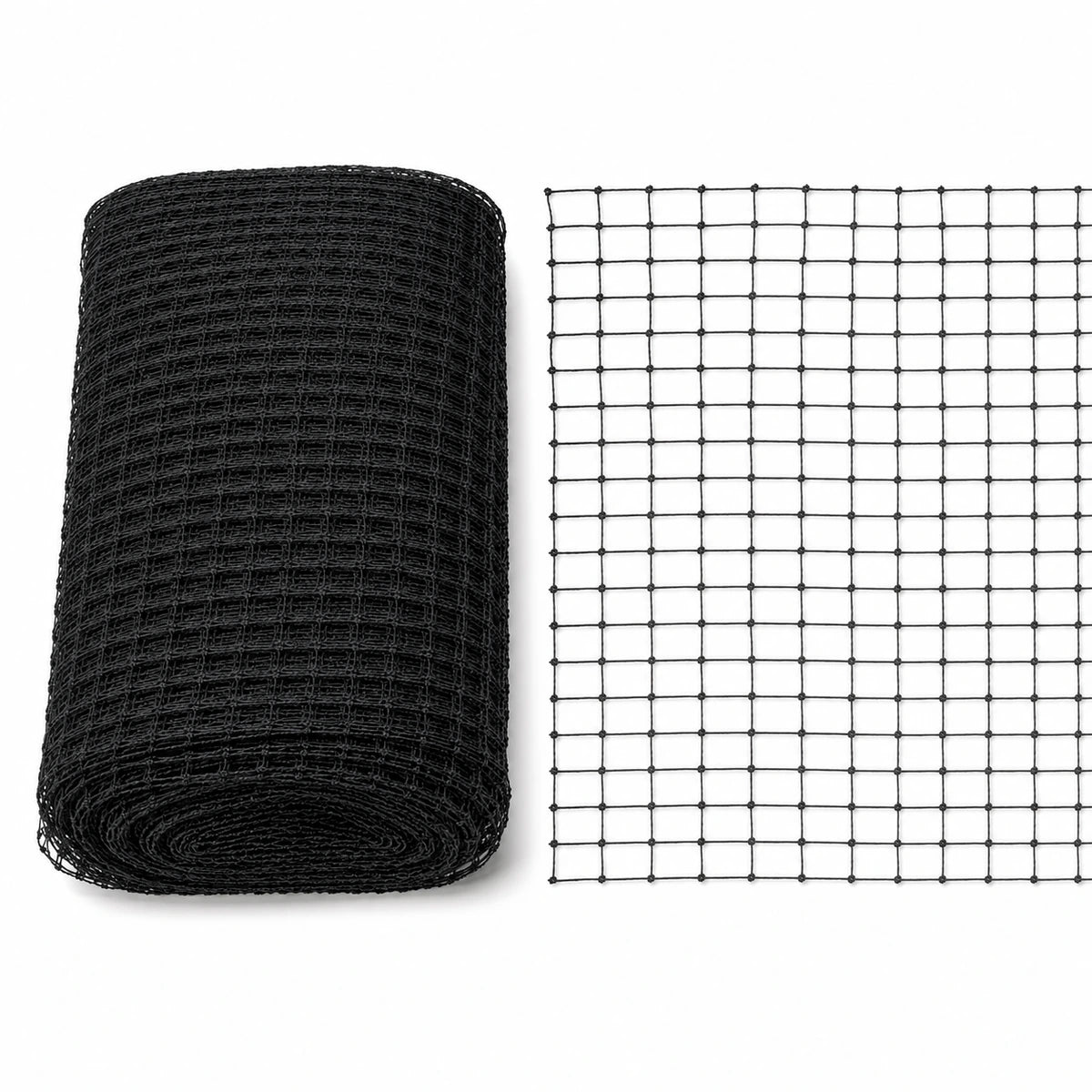 Black low-visibility knotted HDPE catio netting roll and tensioned 3/4 inch mesh sample