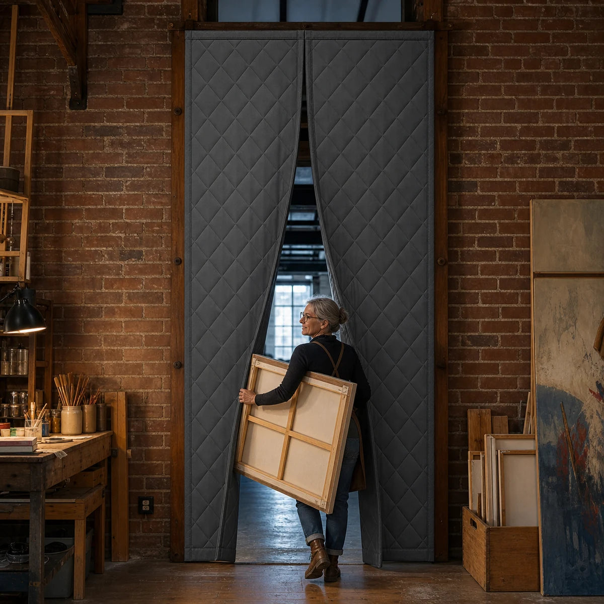 Custom Thermal | Extra-tall custom insulated magnetic curtain in a brick artist studio