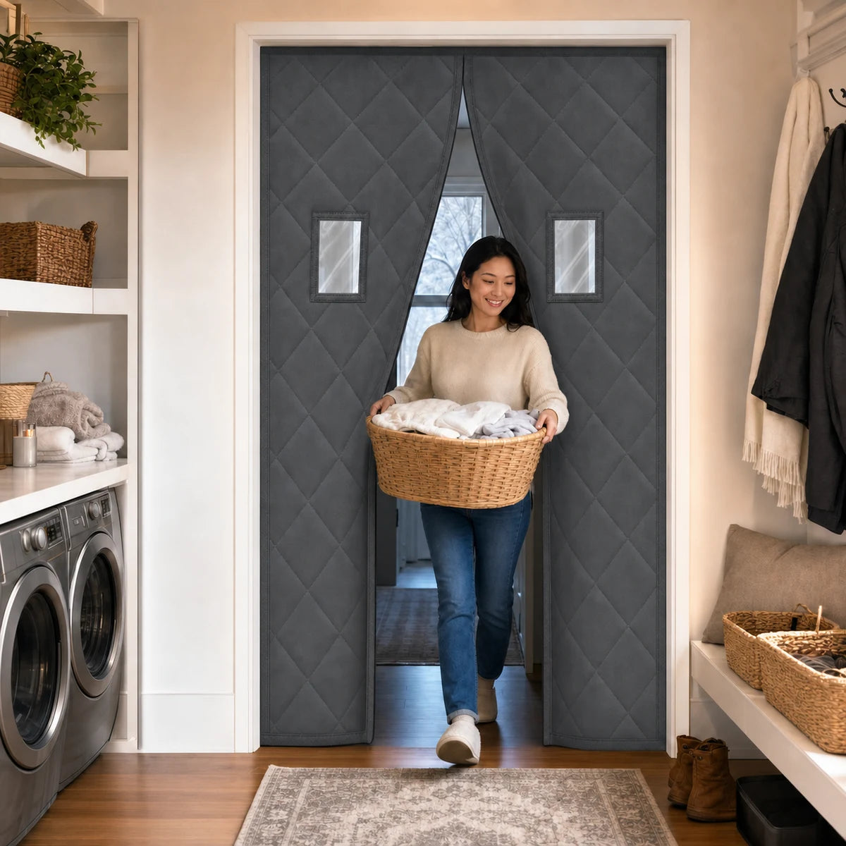 Everyday Thermal | Small-view magnetic thermal curtain used between a laundry room and winter hallway