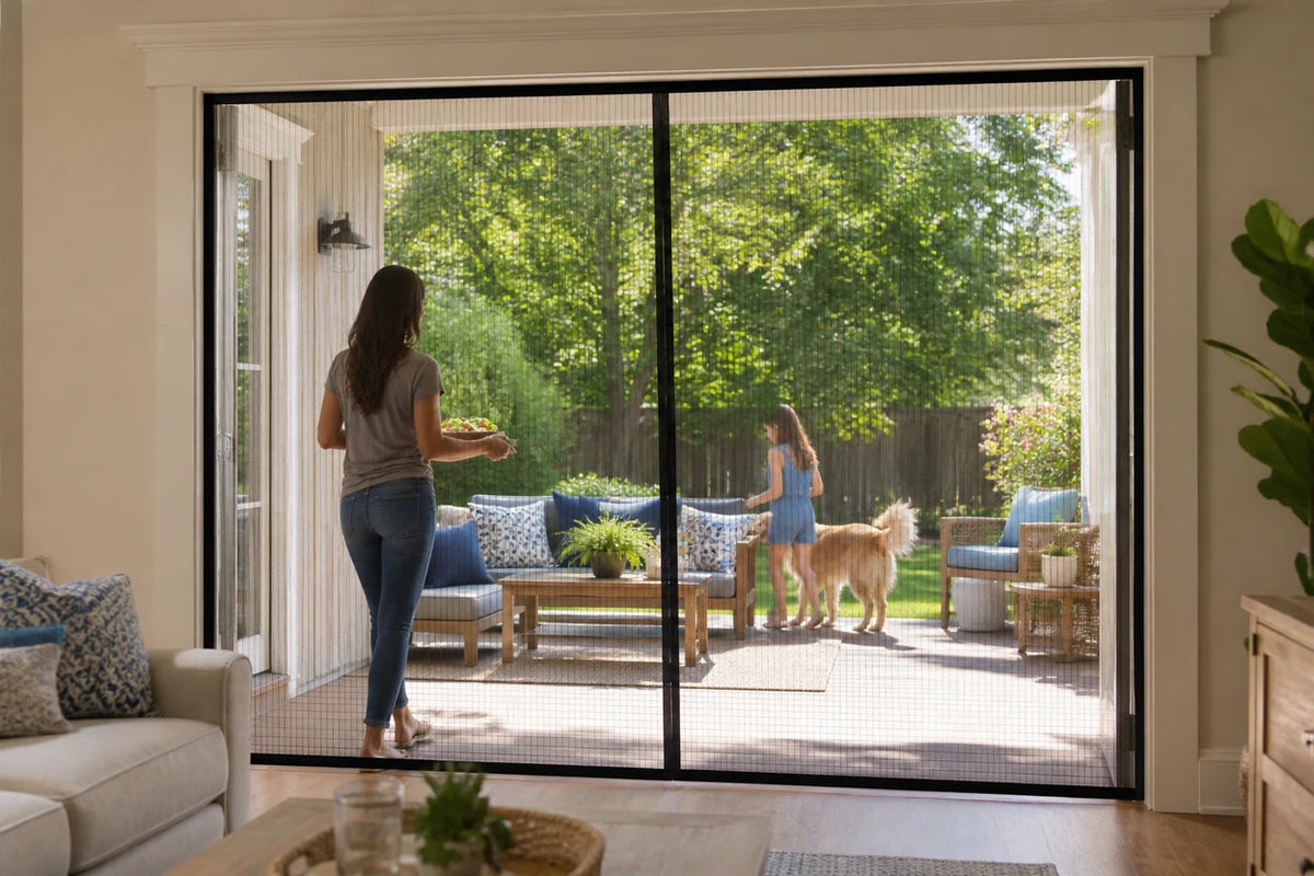 Family and dog using a wide magnetic screen door at a sunny patio