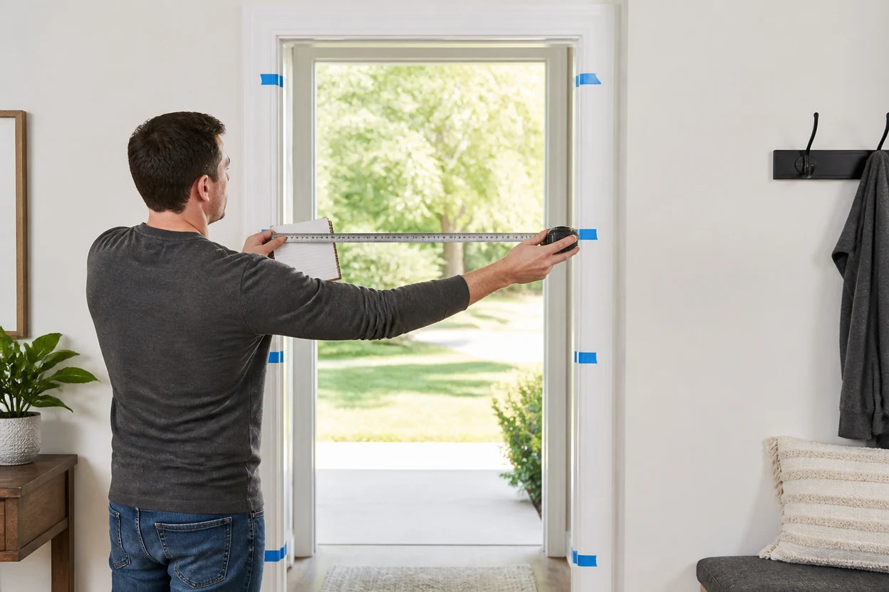 Homeowner measuring the width of a finished doorway before ordering a screen