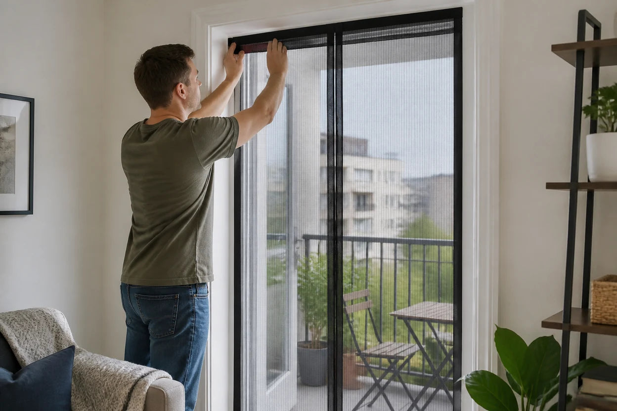 Renter installing a no-drill magnetic screen door on an apartment balcony doorway