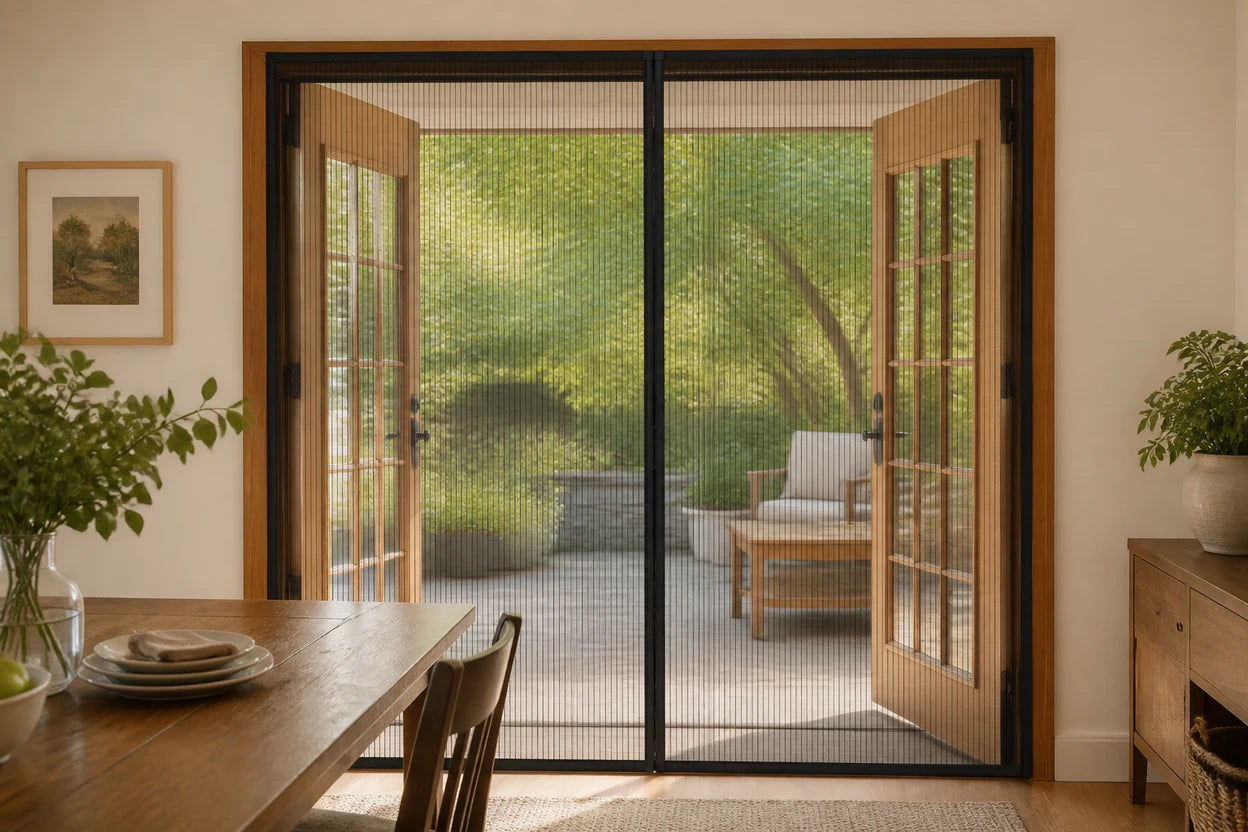 Wide magnetic screen curtain fitted across open French doors to a patio