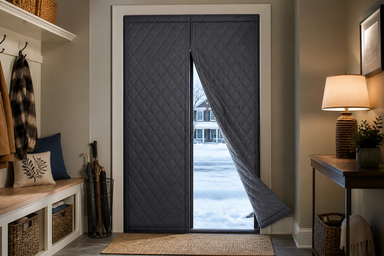 Quilted insulated magnetic door curtain covering a snowy winter entryway