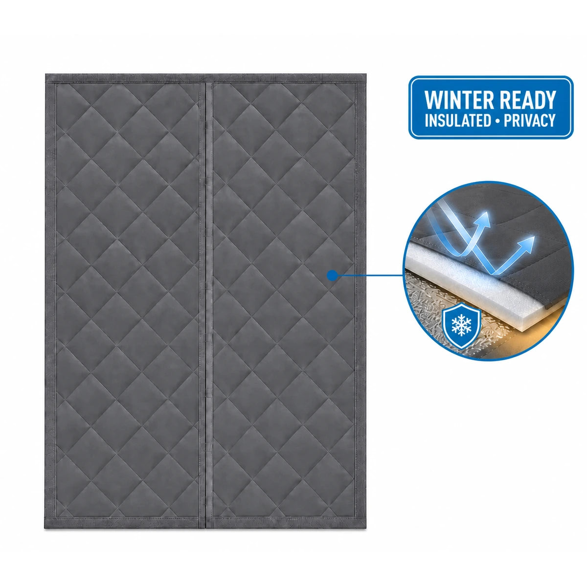 Gray opaque winter insulated door curtain with blocked cold airflow detail