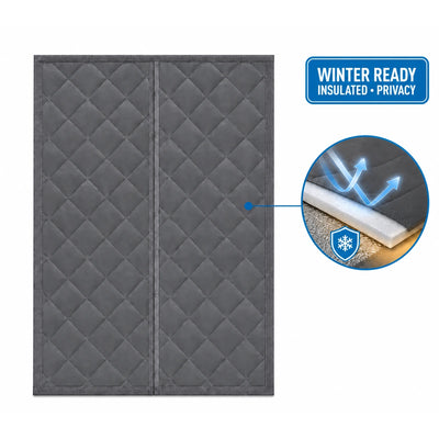 Gray opaque winter insulated door curtain with blocked cold airflow detail