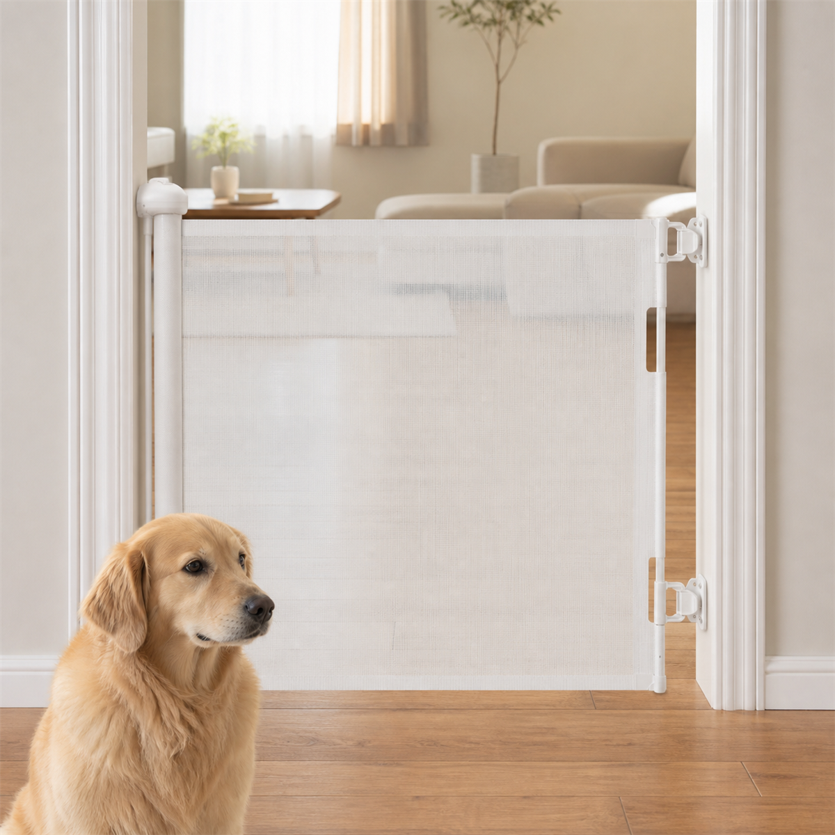 Amief Home retractable pet safety gate installed in a doorway