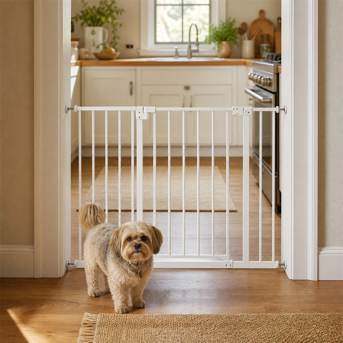 Amief Home walk-through indoor pet gate installed in a standard doorway