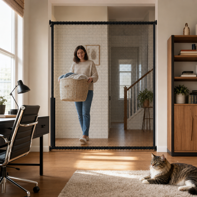 Extra-wide 72-inch cat safety gate across a broad home office hallway opening