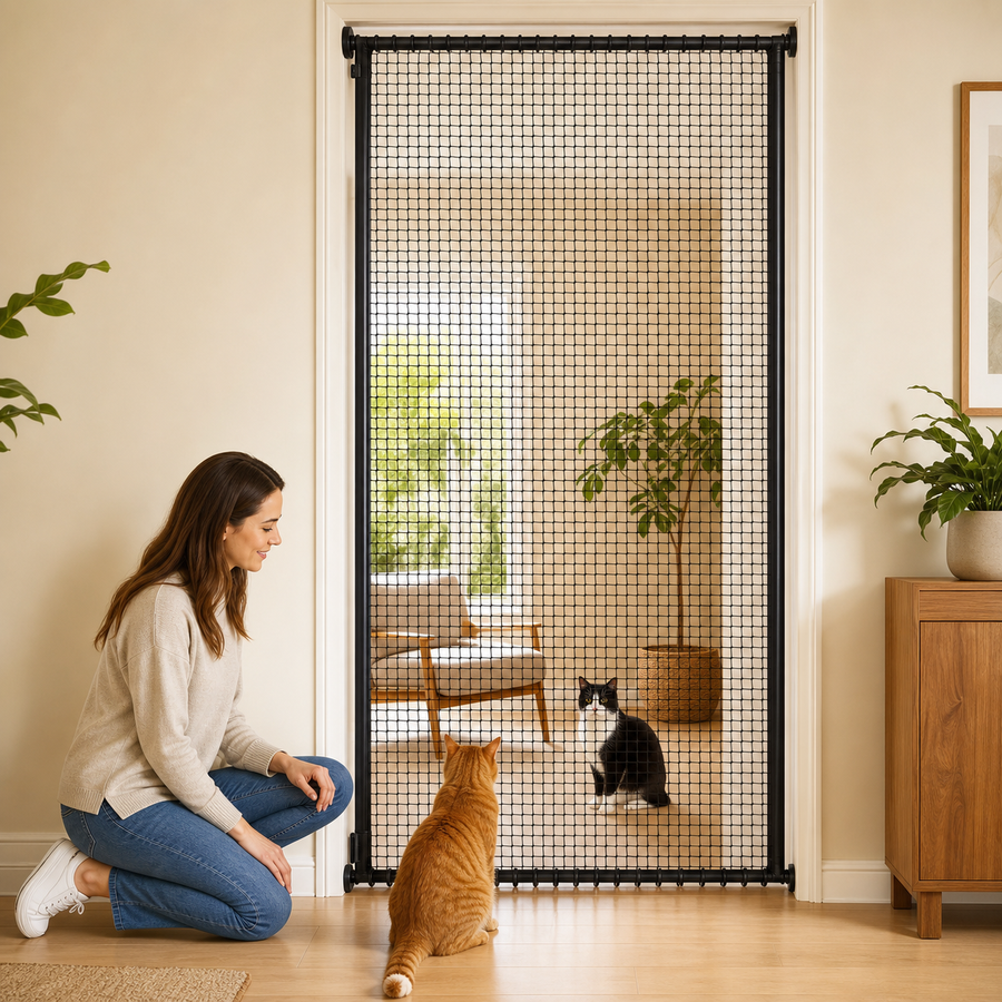 Two cats safely introduced through an extra-tall mesh cat gate