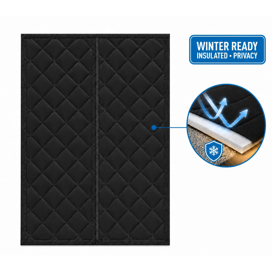 Black opaque winter insulated door curtain with blocked cold airflow detail