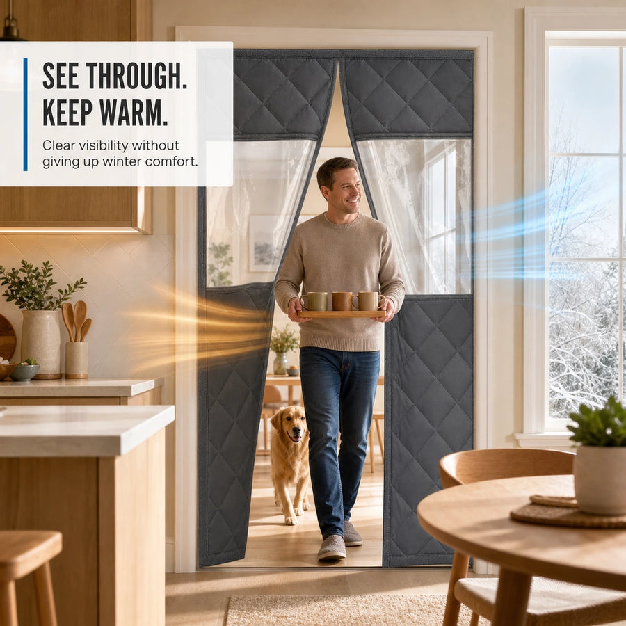 Clear-view insulated magnetic door curtain in a warm winter kitchen with father and dog