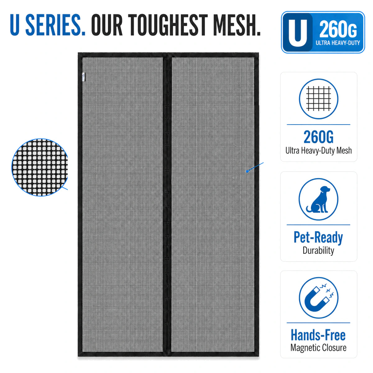 U Series 260G | 02 Amief Home Ultra Heavy-Duty Pet-Proof Screen Door – core benefits and mesh close-up