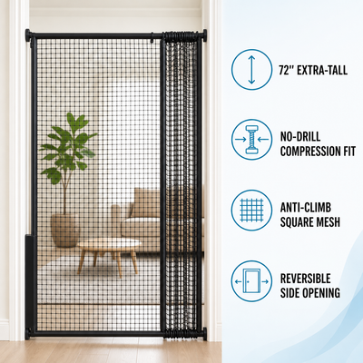 Extra-tall cat gate no-drill compression fit and anti-climb mesh benefits