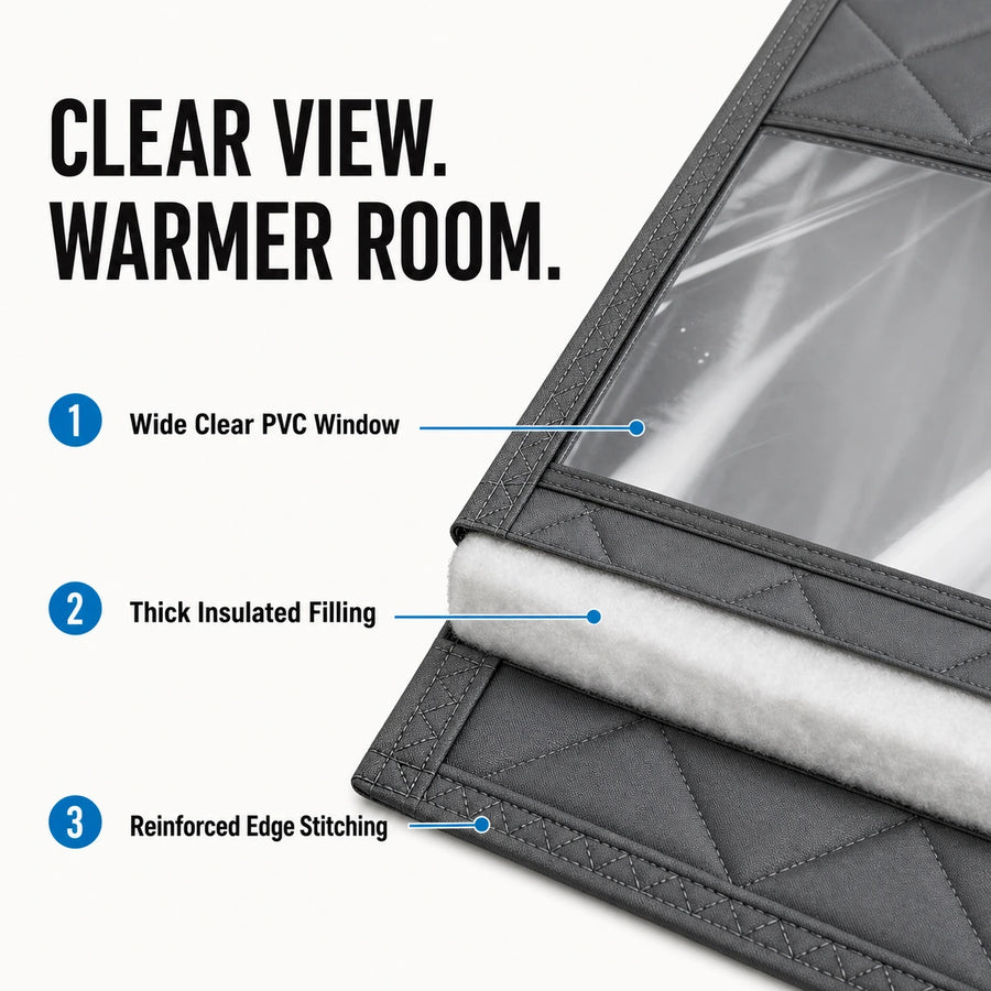 Clear PVC window, insulated filling and reinforced stitching construction details