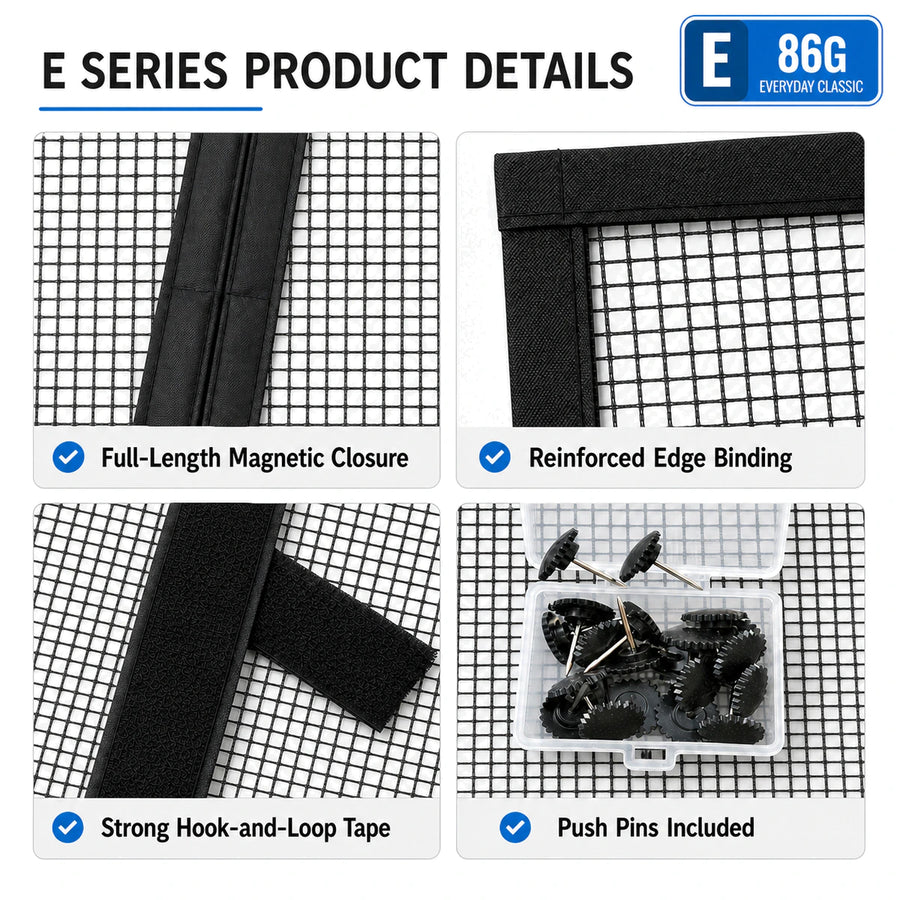 E Series 86G | 03 Amief Home Everyday Classic Magnetic Screen Door – magnetic closure and installation details