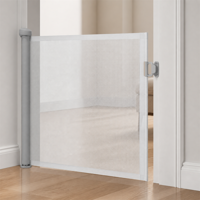 Amief Home retractable pet safety gate mesh and latch detail