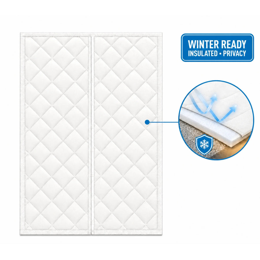 White opaque winter insulated door curtain with blocked cold airflow detail