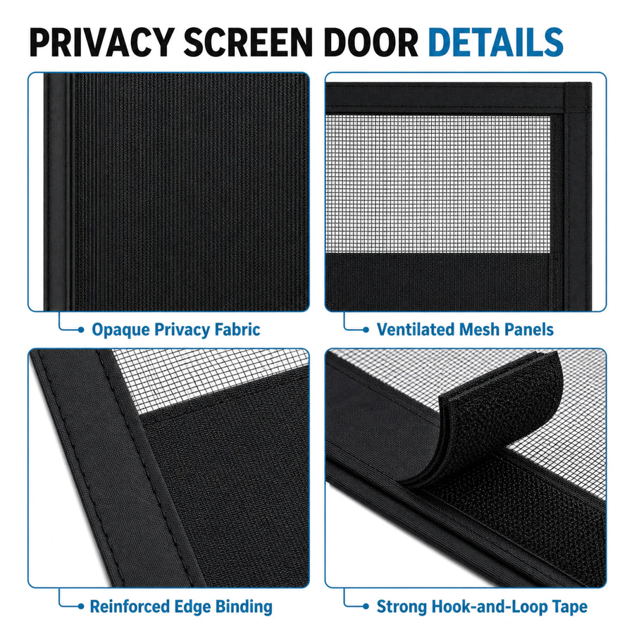 Privacy Series | 03 Amief Home Side-Opening Privacy Screen Door – privacy fabric mesh edge binding and hook-and-loop details