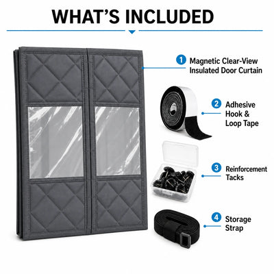 Clear-view winter door curtain with adhesive tape, reinforcement tacks and storage strap