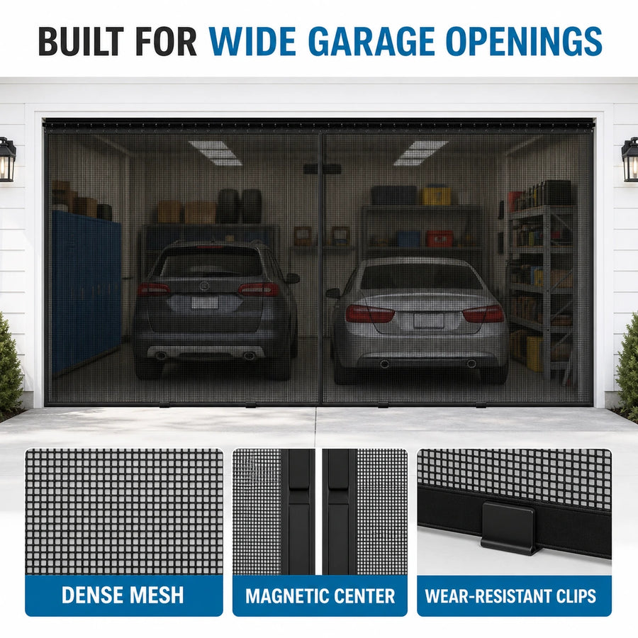 Wide garage mesh screen with dense mesh magnetic center and bottom clips