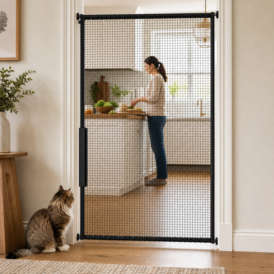 Extra-tall cat safety gate separating a modern kitchen while keeping the cat visible and comfortable
