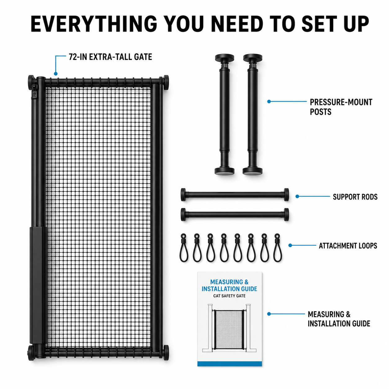 Everything included with the extra-tall extra-wide pressure-mounted cat gate
