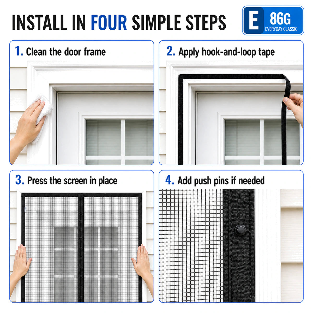 E Series 86G | 06 Amief Home Everyday Classic Magnetic Screen Door – four-step installation guide