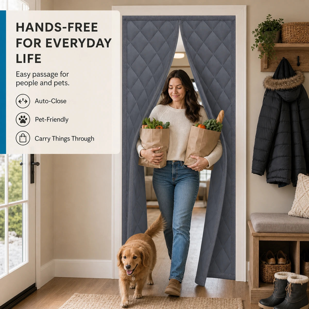 Hands-free insulated door curtain passage for people and pets