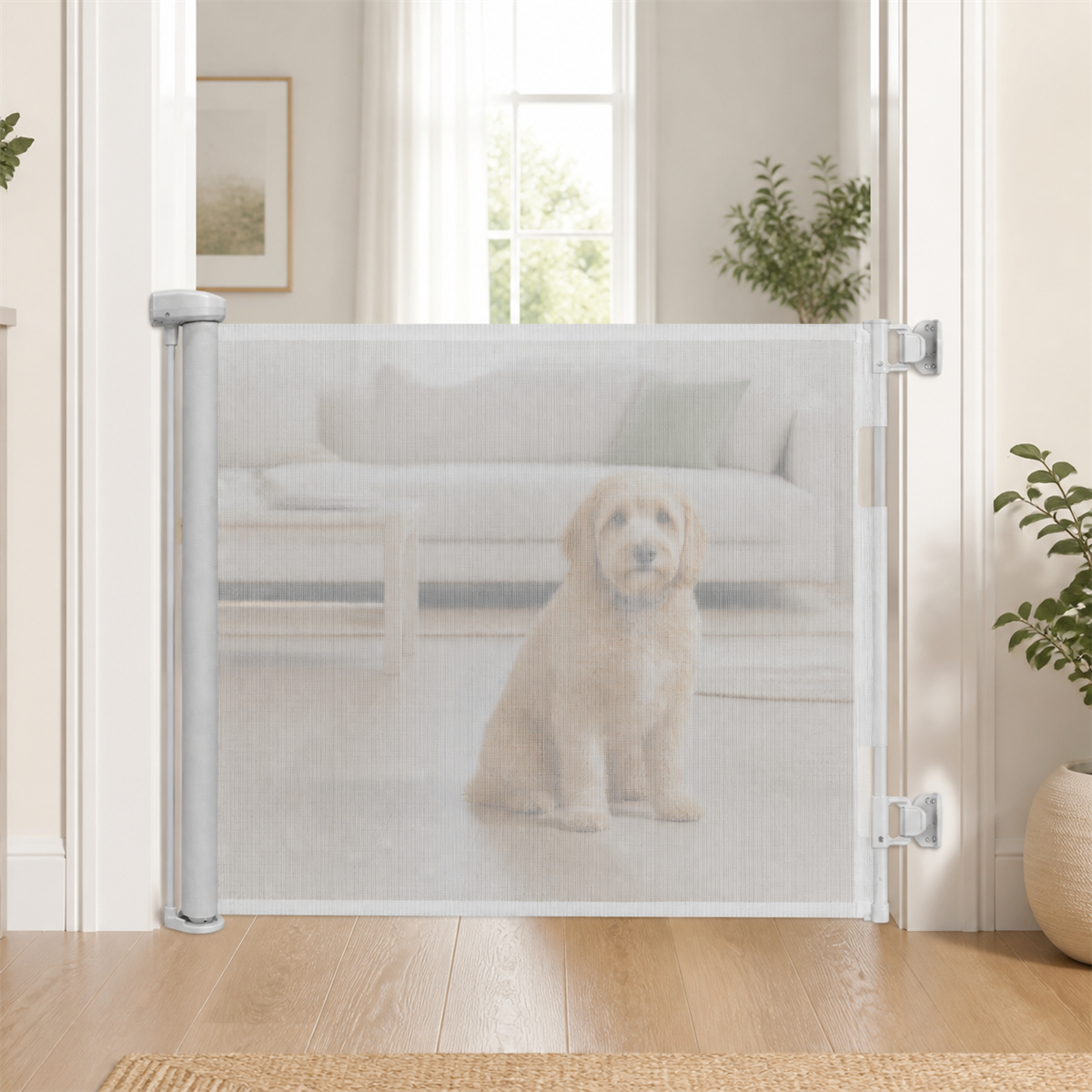 Amief Home retractable pet safety gate in a bright home doorway