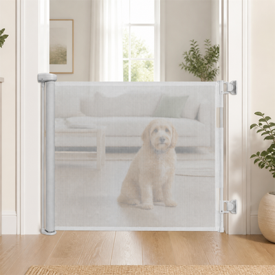 Amief Home retractable pet safety gate in a bright home doorway