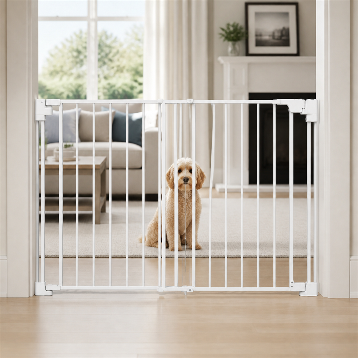 Amief Home extra-wide walk-through pet gate in a bright home doorway
