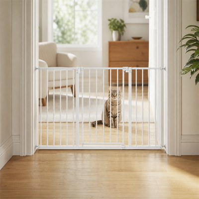 Amief Home walk-through indoor pet gate in a bright home doorway