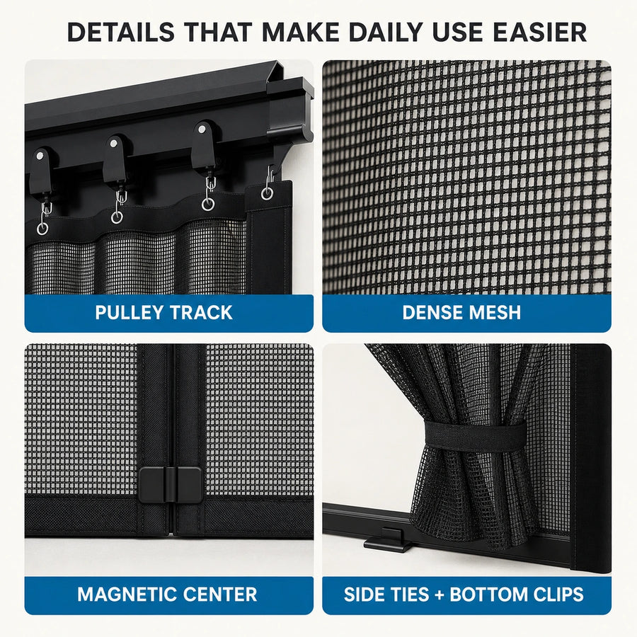 Sliding garage screen product details including track mesh magnets ties and clips