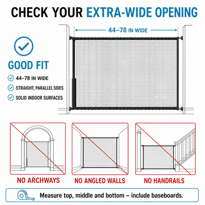 Extra-wide cat gate fit check for straight parallel indoor openings without archways angles or handrails