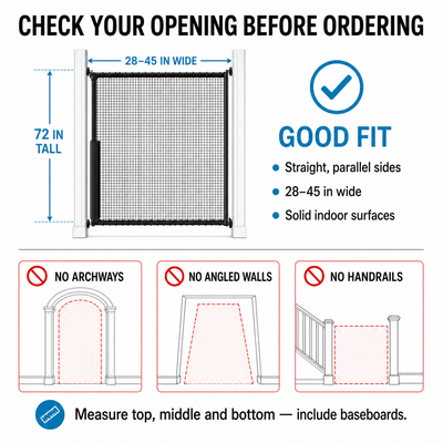 Cat gate doorway fit guide for straight 28 to 45 inch openings without archways angles or handrails