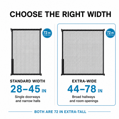 Standard 28 to 45 inch and extra-wide 44 to 78 inch cat gate sizing comparison