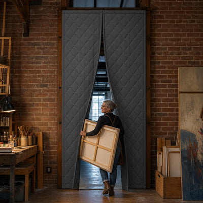 Custom Thermal | Extra-tall custom insulated magnetic curtain in a brick artist studio