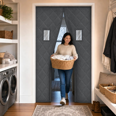 Everyday Thermal | Small-view magnetic thermal curtain used between a laundry room and winter hallway