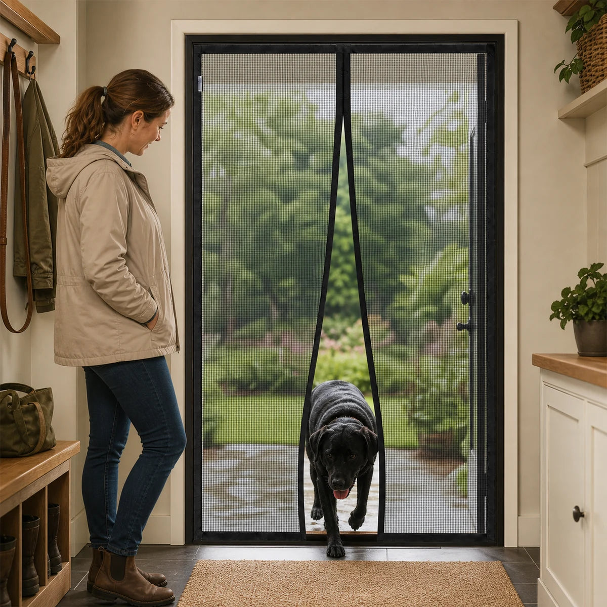 H Series 230G | Heavy-duty pet-proof magnetic screen door in a mudroom with a black Labrador
