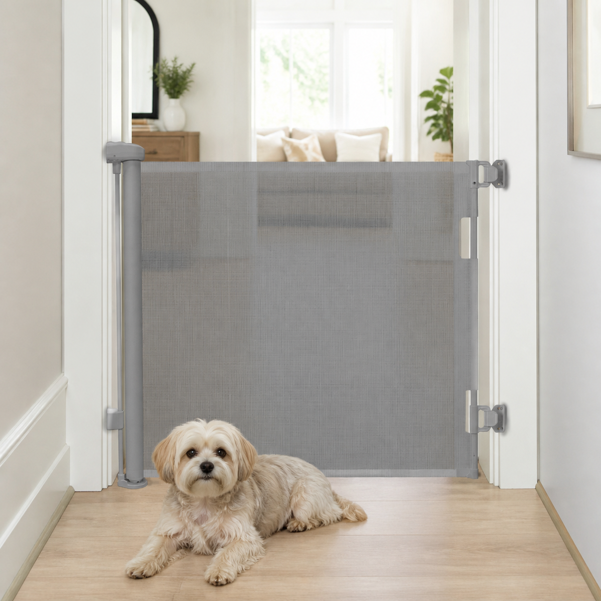 Amief Home adjustable retractable pet safety gate installed in a hallway
