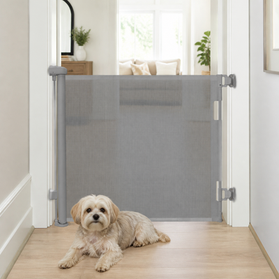 Amief Home adjustable retractable pet safety gate installed in a hallway