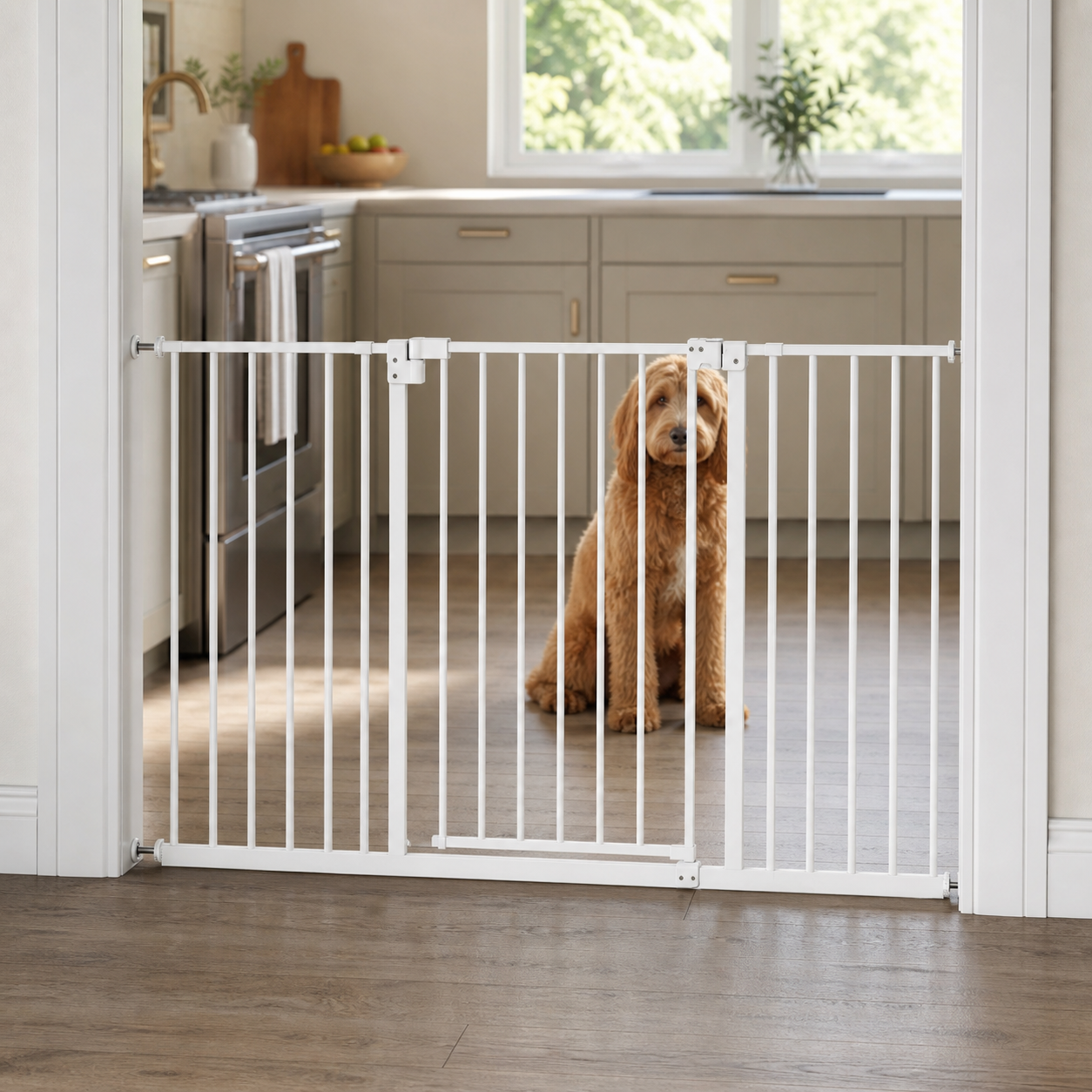 Amief Home indoor walk-through pet gate installed in a kitchen doorway
